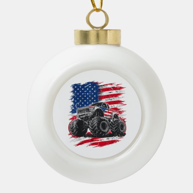 Monster Truck USA Flag American Ceramic Ball Christmas Ornament (Front)
