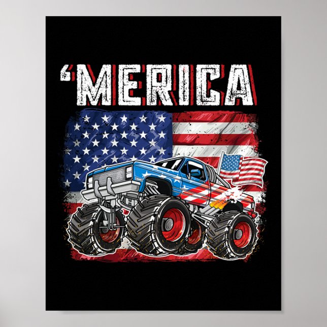 Monster Truck Usa Flag Merica Men Boys 4th Of July Poster (Front)