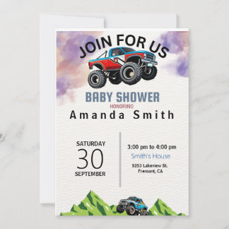 Monster Truck Watercolor Baby Shower Invitation