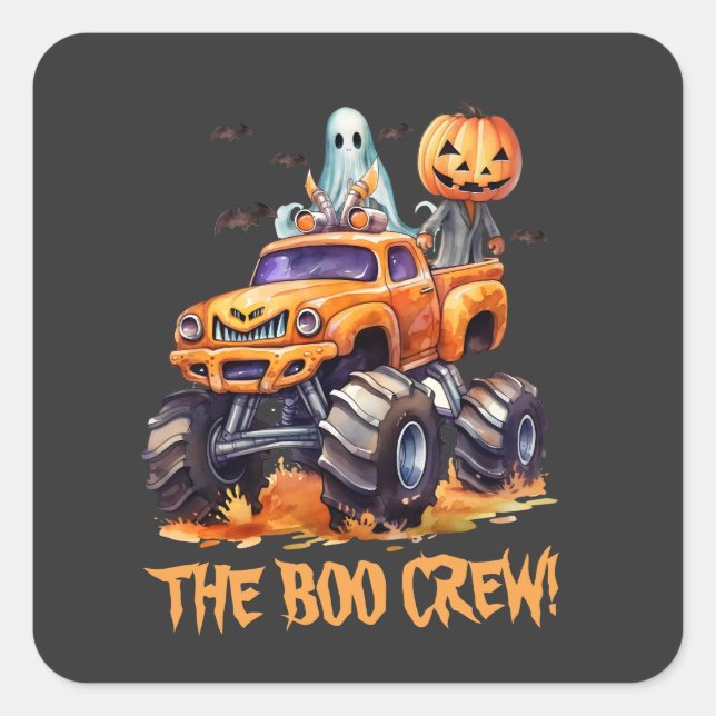 Monster Truck Watercolor Boo Crew Spooky Halloween Square Sticker (Front)