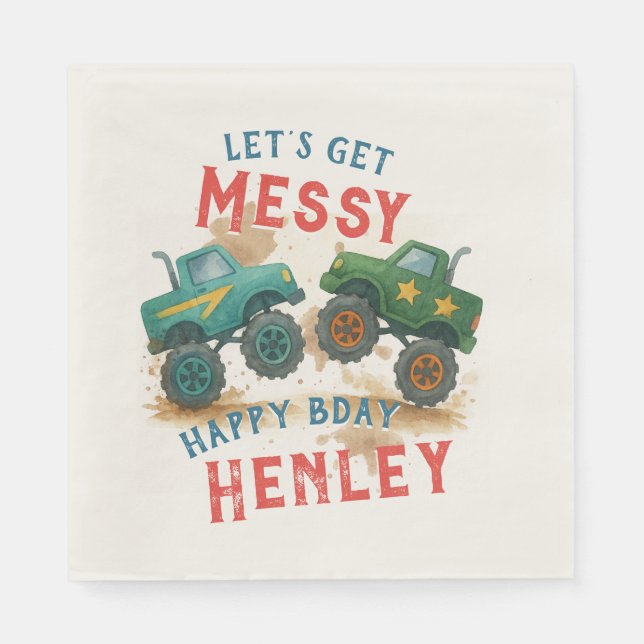 Monster Truck Watercolor Kids Birthday Party Napkin (Front)