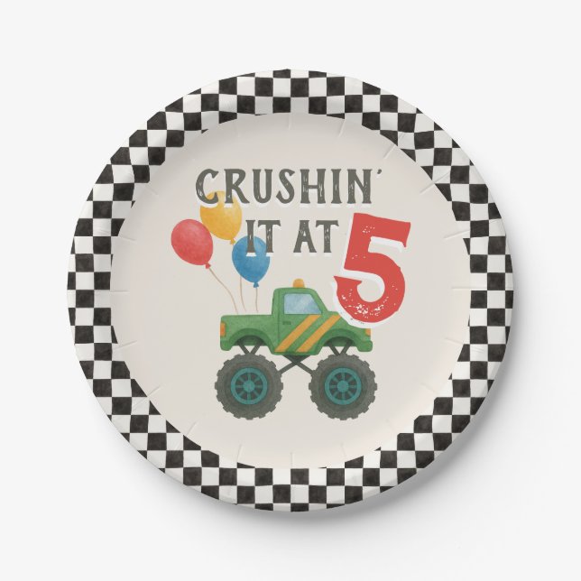 Monster Truck Watercolor Kids Birthday Party Paper Plate (Front)