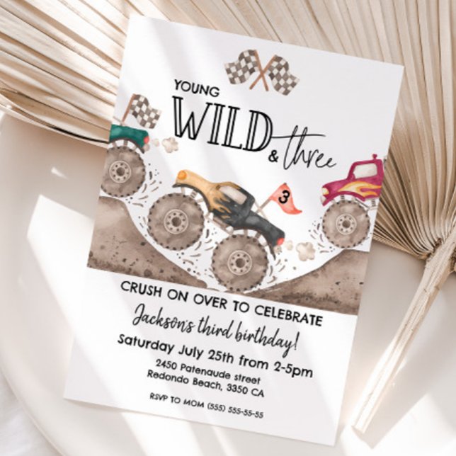 Monster Truck YOUND WILD & THREE 3rd birthday kids Invitation (Young Wild and three monster truck birthday invitation)