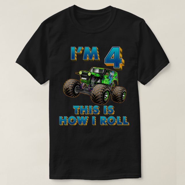 Monster Trucks 4th Birthday Boy 4 Years Old  T-Shirt (Design Front)