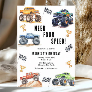 Monster Trucks 4th Birthday Invitation