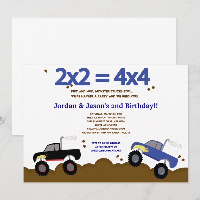 MONSTER TRUCKS 5x7 Birthday Invitations for Twins (Front/Back)