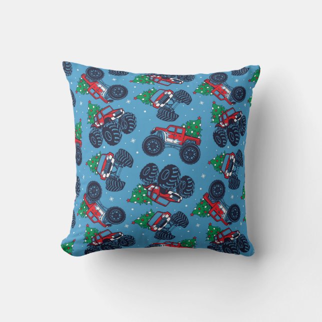 Monster Trucks and Christmas Trees Pattern Cushion (Front)