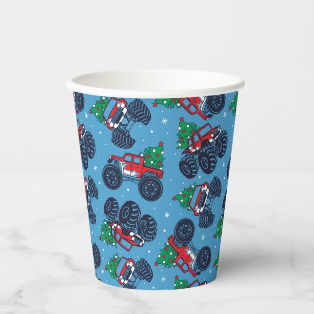 Monster Trucks and Christmas Trees Pattern Paper Cups (Front)