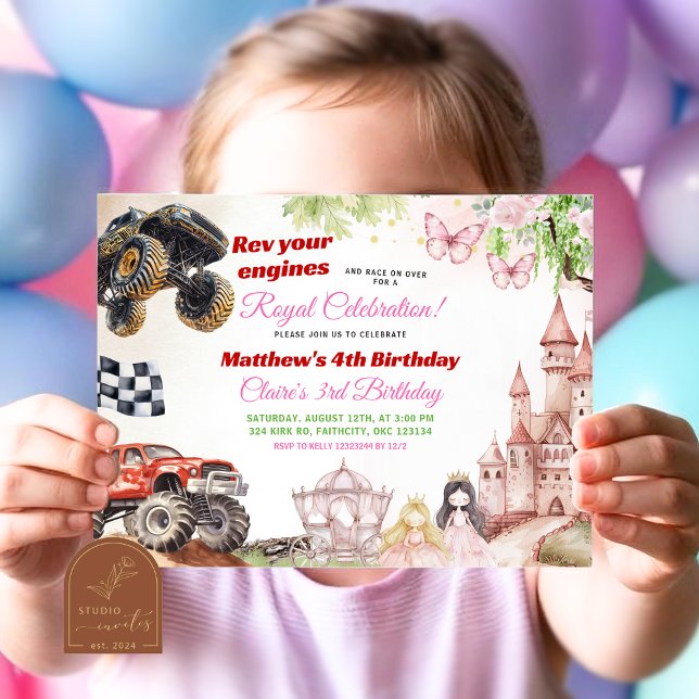 Monster Trucks and Princesses Joint Birthday Invitation (Creator Uploaded)