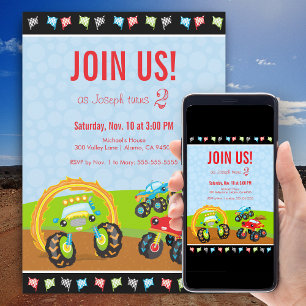 Monster Trucks and Race Flags Birthday Party Invitation