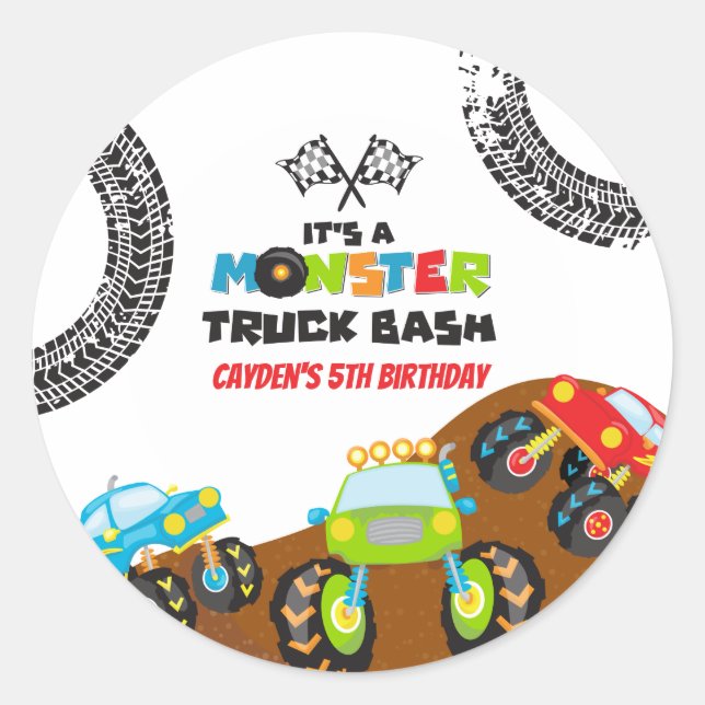 Monster Trucks birthday Classic Round Sticker (Front)
