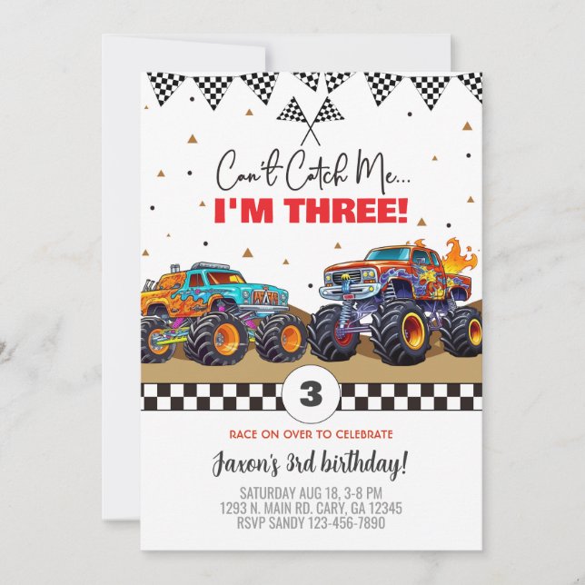 Monster trucks boy birthday invitation. invitation (Front)