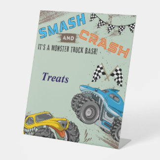 Monster Trucks Boy Birthday Party Treats Pedestal Sign