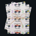 Monster Trucks Boy's Name & Age Birthday Wrapping Paper Sheet<br><div class="desc">An illustration of cute colourful monster trucks racing and having fun. Colourful monster trucks with big black wheels having a race. Perfect gift for anyone and any age. Ideal present for a birthday,  for Christmas or any other special occasion.</div>