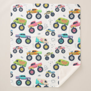 Monster Trucks Cars Modern Colorful Kids Boys Sherpa Blanket