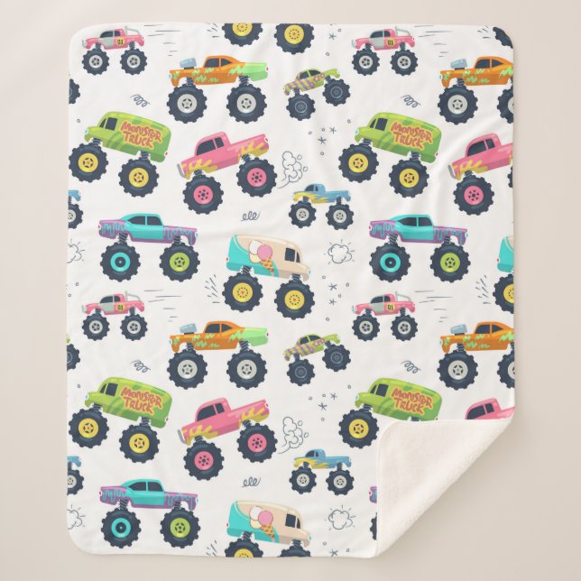Monster Trucks Cars Modern Colorful Kids Boys Sherpa Blanket (Front)