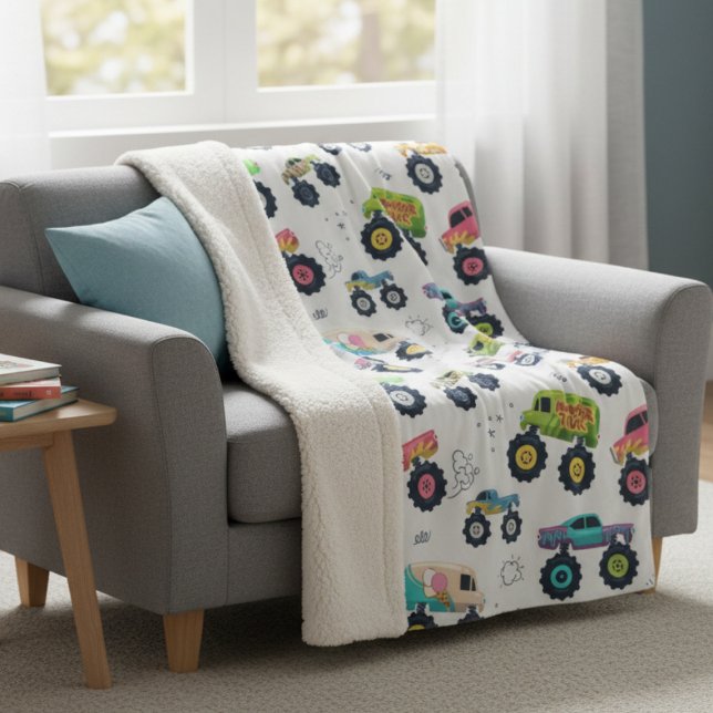 Monster Trucks Cars Modern Colorful Kids Boys Sherpa Blanket (Creator Uploaded)