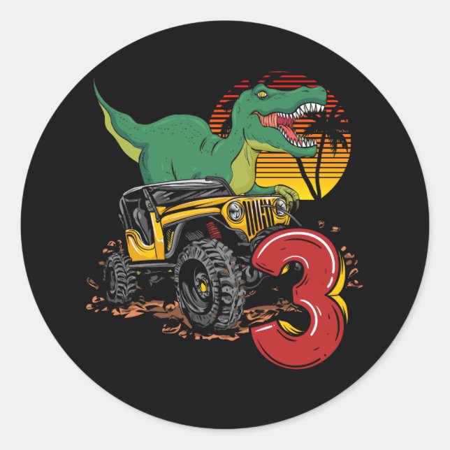 Monster Trucks Dinosaur T-Rex 3rd Birthday Boy 3 Y Classic Round Sticker (Front)