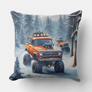 Monster Trucks Driving In Snowy Forest Cushion