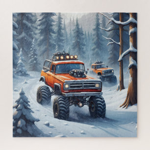 Monster Trucks Driving In Snowy Forest Jigsaw Puzzle
