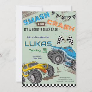 Monster Trucks Little Boy Birthday Party Invitation