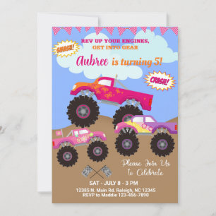 Monster trucks pink girl birthday invitation. invitation