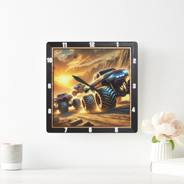 Monster Trucks Racing in a Desert at Sunset Square Wall Clock (Home)