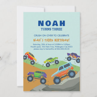Monster Trucks Themed Birthday Invitation 5"x7"
