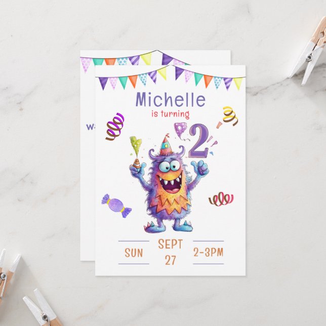 Monster Two Year Birthday Invitation (Front/Back In Situ)