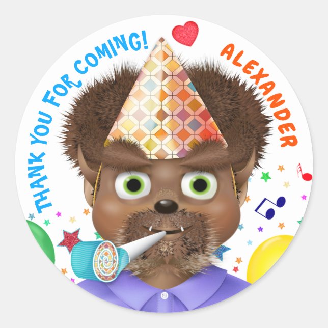 Monster Wolf Boy Birthday Party | Thank You Classic Round Sticker (Front)