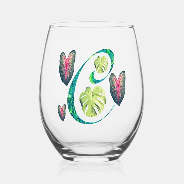 Monstera Alphabet "C"  Stemless Wine Glass (Front)