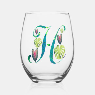 Monstera Alphabet "H"  Stemless Wine Glass