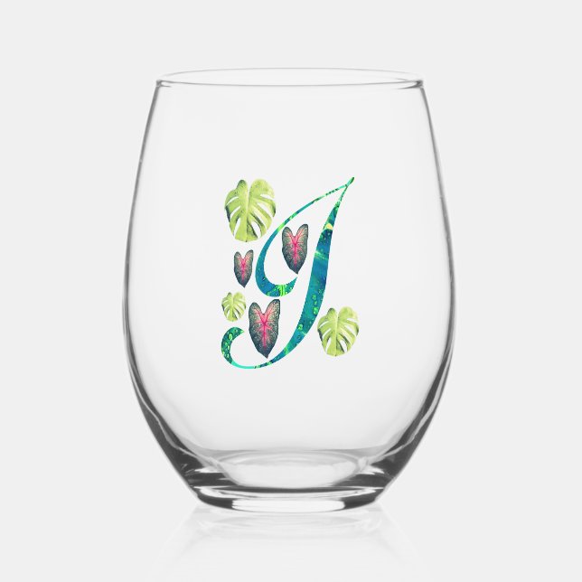 Monstera Alphabet "I"  Stemless Wine Glass (Front)