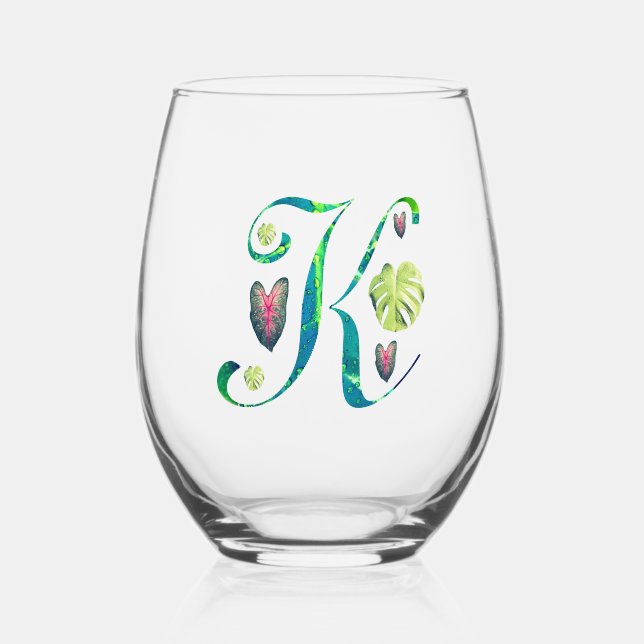 Monstera Alphabet "K"  Stemless Wine Glass (Front)