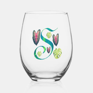 Monstera Alphabet "S" Stemless Wine Glass
