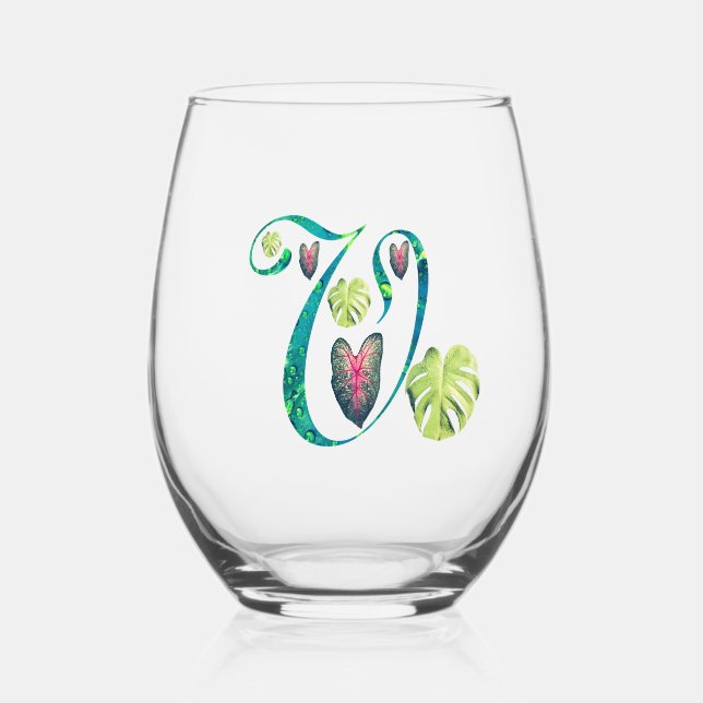 Monstera Alphabet "V"  Stemless Wine Glass (Front)