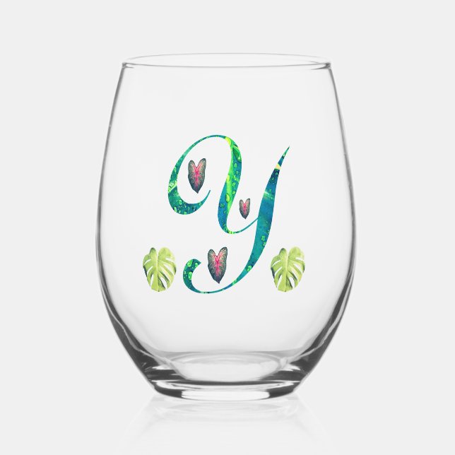Monstera Alphabet "Y"  Stemless Wine Glass (Front)