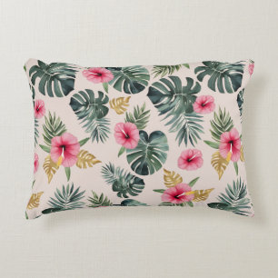 Monstera and Hibiscus Pattern Decorative Cushion
