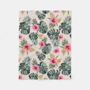 Monstera and Hibiscus Pattern Fleece Blanket