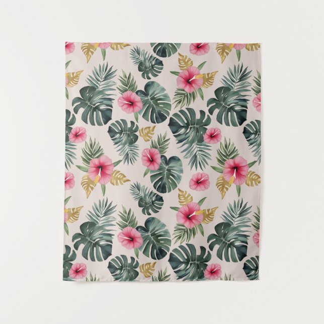 Monstera and Hibiscus Pattern Tapestry (Front)