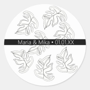 Monstera Black White Botanical Wedding Classic Round Sticker