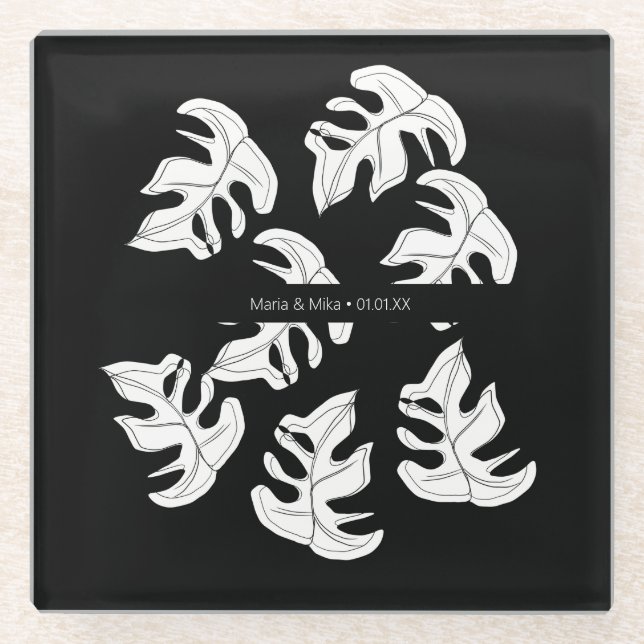 Monstera Black White Botanical Wedding Glass Coaster (Front)
