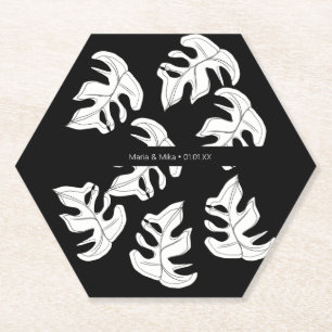 Monstera Black White Botanical Wedding Paper Coaster