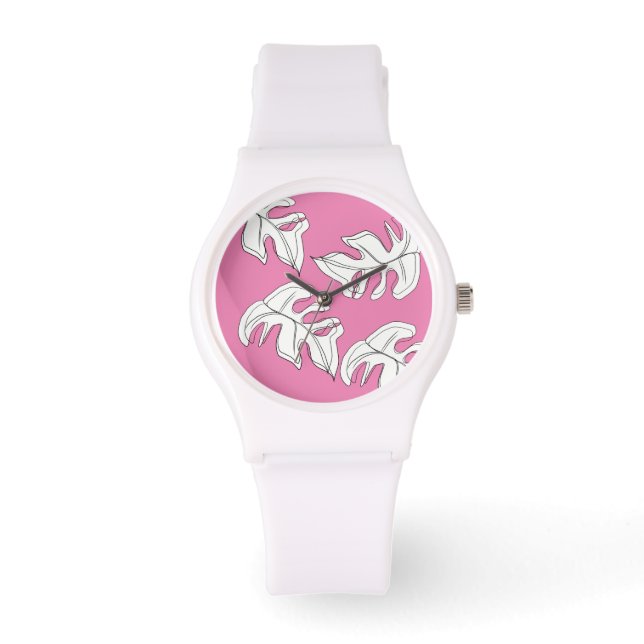Monstera Black White Botanical Wedding Watch (Front)