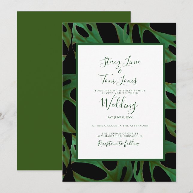 Monstera Botanical Leaf Green Wedding  Black Invitation (Front/Back)