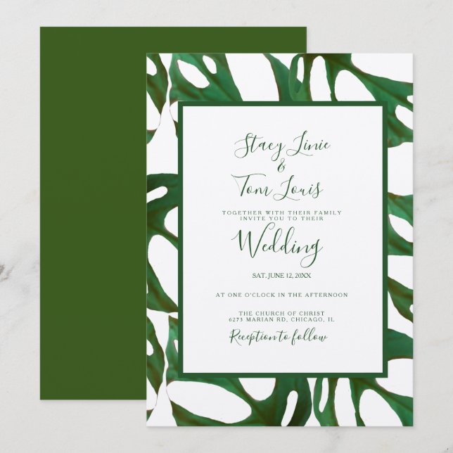 Monstera Botanical Leaf Green Wedding  Brown Invitation (Front/Back)