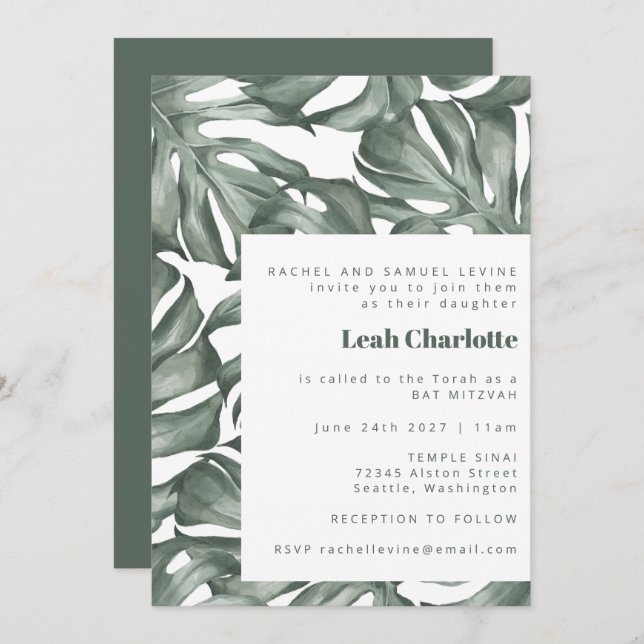 Monstera Botanical Watercolor Green Bat Mitzvah Invitation (Front/Back)
