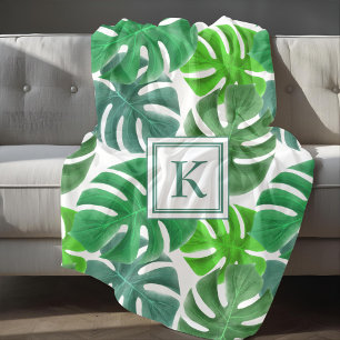 Monstera Deliciosa Leaves Monogram Pattern Fleece Blanket