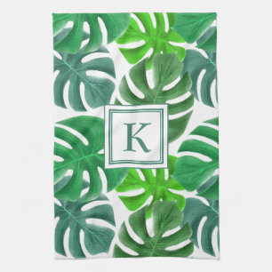 Monstera Deliciosa Leaves Monogrammed Pattern Tea Towel