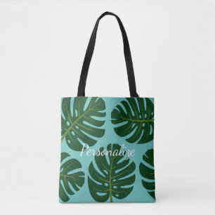 Monstera Deliciosa palm leaf floral print tote bag